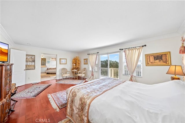 22541 Wakefield, Mission Viejo, CA 92692 - bedroom featuring access to exterior, crown molding, hardwood / wood-style floors, and ensuite bathroom