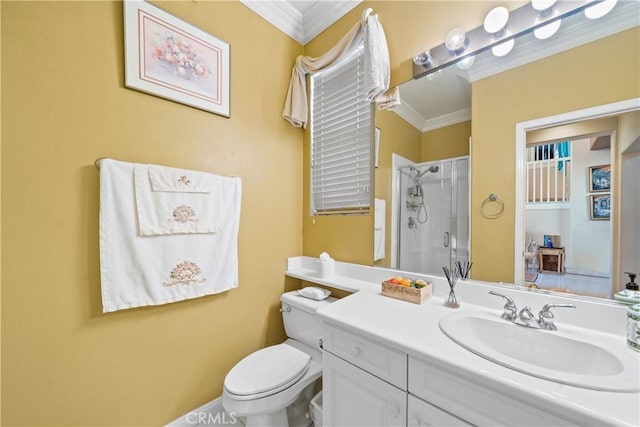 22541 Wakefield, Mission Viejo, CA 92692 - full bath featuring ornamental molding, a stall shower, toilet, and vanity