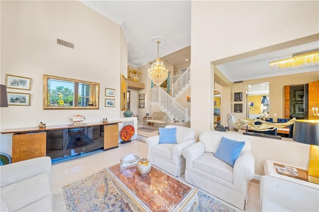 22541 Wakefield, Mission Viejo, CA 92692 - living area featuring ornamental molding, stairs, a chandelier, a towering ceiling, and tile patterned floors