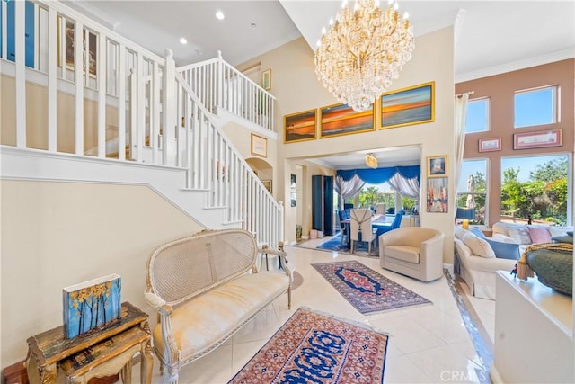 22541 Wakefield, Mission Viejo, CA 92692 - tiled living room featuring a high ceiling, a chandelier, recessed lighting, ornamental molding, and stairs