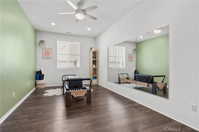 30156 Bristol Gate Ln, Menifee, CA 92584 - exercise area featuring a ceiling fan, wood finished floors, baseboards, and recessed lighting