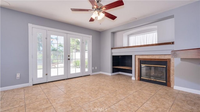 31695 Corte Avalos, Temecula, CA 92592 - unfurnished living room with a tile fireplace, tile patterned flooring, french doors, and a ceiling fan