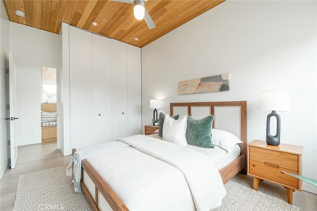 1357 Voorhees Ave, Manhattan Beach, CA 90266 - bedroom with light wood-style flooring, wood ceiling, recessed lighting, ceiling fan, and a closet