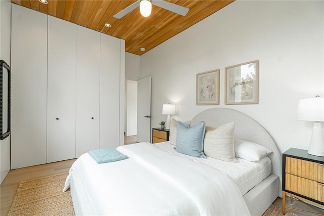 1357 Voorhees Ave, Manhattan Beach, CA 90266 - bedroom with wooden ceiling, a closet, light wood finished floors, and a ceiling fan