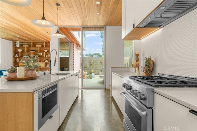 1357 Voorhees Ave, Manhattan Beach, CA 90266 - kitchen with appliances with stainless steel finishes, custom range hood, a sink, modern cabinets, and wood ceiling