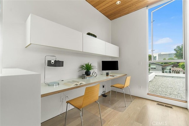 1357 Voorhees Ave, Manhattan Beach, CA 90266 - office featuring wood ceiling, light wood-type flooring, built in desk, and a wall of windows