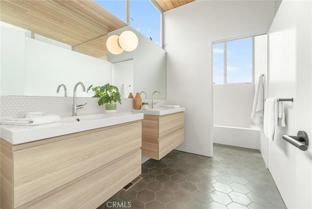 1357 Voorhees Ave, Manhattan Beach, CA 90266 - bathroom with vanity, decorative backsplash, tile patterned floors, and wood ceiling