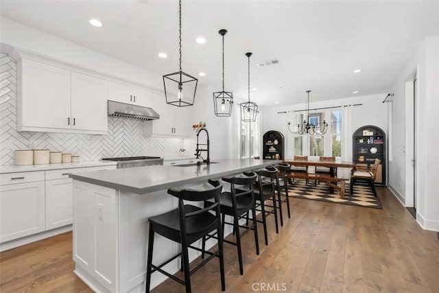 24 Vasto St, Rancho Mission Viejo, CA 92694 - kitchen with a sink, under cabinet range hood, tasteful backsplash, a center island with sink, and white cabinets