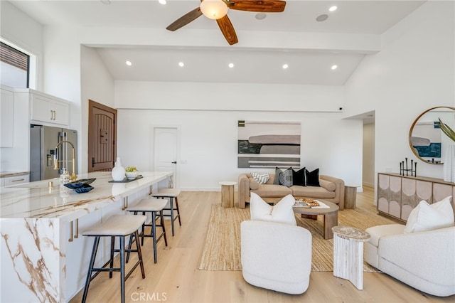 7655 Caminito Avola Ln, Jolla, CA 92037 - living room with ceiling fan, light wood finished floors, high vaulted ceiling, recessed lighting, and beam ceiling