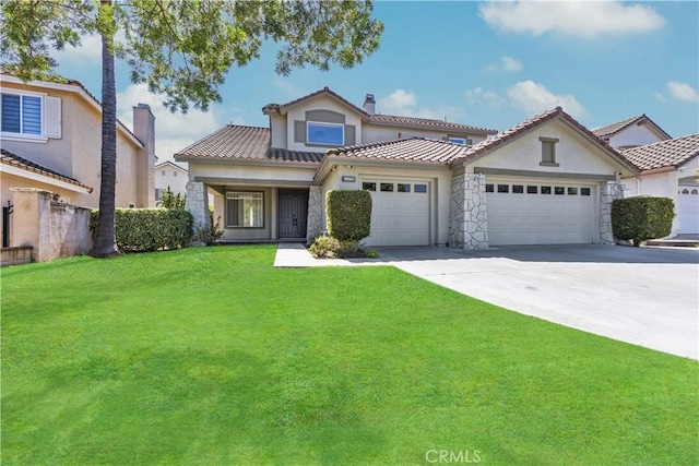 18680 Vantage Pointe Dr, Rowland Heights, CA 91748 - view of front of home featuring stone siding, a garage, driveway, stucco siding, and a chimney