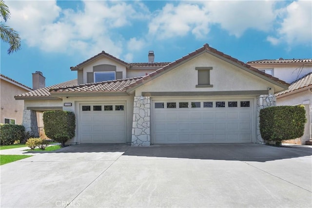 18680 Vantage Pointe Dr, Rowland Heights, CA 91748 - view of front facade with driveway, a garage, stucco siding, a chimney, and a tiled roof