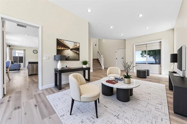18680 Vantage Pointe Dr, Rowland Heights, CA 91748 - living room with light wood-type flooring, stairs, recessed lighting, and baseboards
