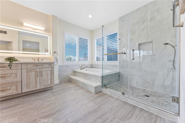 18680 Vantage Pointe Dr, Rowland Heights, CA 91748 - bathroom with a shower stall, a garden tub, vanity, and recessed lighting