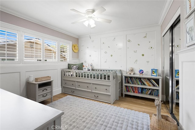 12921 Eveningside Dr, North Tustin, CA 92705 - bedroom featuring wood finished floors, crown molding, and ceiling fan