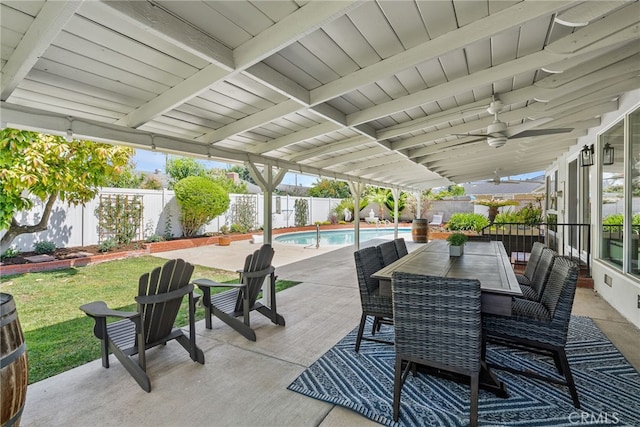 12921 Eveningside Dr, North Tustin, CA 92705 - fenced backyard featuring a patio area, ceiling fan, and outdoor dining area