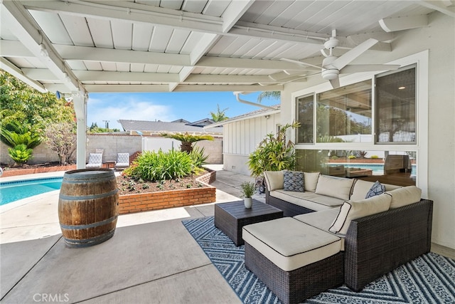 12921 Eveningside Dr, North Tustin, CA 92705 - fenced backyard with an outdoor living space, ceiling fan, and a patio area