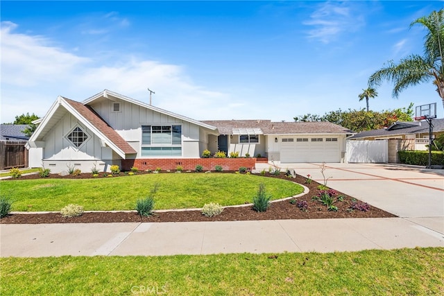 12921 Eveningside Dr, North Tustin, CA 92705 - view of front facade with board and batten siding, a garage, concrete driveway, and brick siding