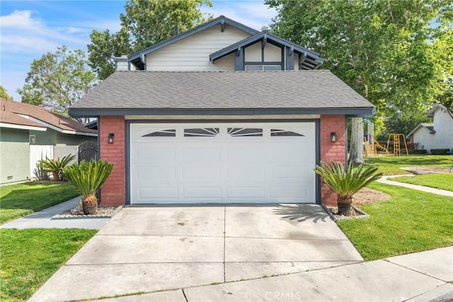 15696 Paine St, Fontana, CA 92336 - view of front of property featuring brick siding, roof with shingles, a front lawn, and driveway