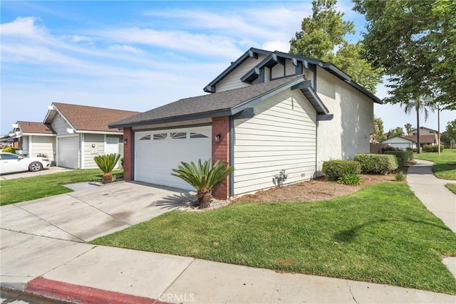 15696 Paine St, Fontana, CA 92336 - view of side of home featuring an attached garage, a yard, concrete driveway, brick siding, and roof with shingles