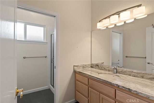 43 Edgewater Ct, Chico, CA 95928 - bathroom featuring vanity, a shower stall, and tile patterned flooring