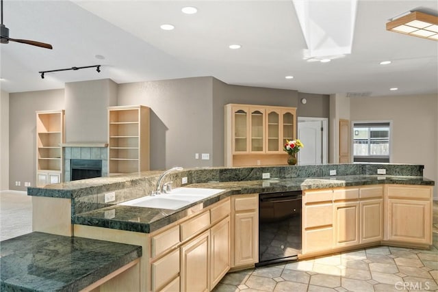 43 Edgewater Ct, Chico, CA 95928 - kitchen with black dishwasher, light brown cabinetry, tile counters, recessed lighting, and open floor plan