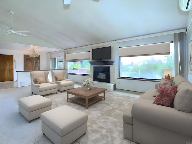 3130 E Victoria Dr, Alpine, CA 91901 - living room with a ceiling fan, lofted ceiling, an AC wall unit, and a fireplace