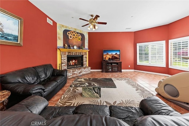 1036 Alpine Ct, Chino Hills, CA 91709 - living area featuring a ceiling fan, tile patterned floors, baseboards, and a brick fireplace