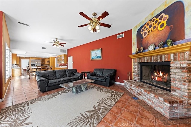 1036 Alpine Ct, Chino Hills, CA 91709 - tiled living room featuring ceiling fan, a brick fireplace, and baseboards