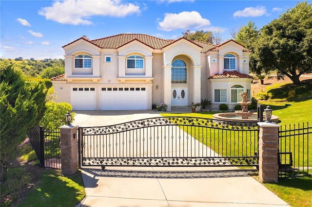 1036 Alpine Ct, Chino Hills, CA 91709 - mediterranean / spanish home with driveway, a tiled roof, stucco siding, a garage, and a gate