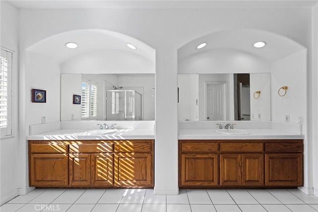 1036 Alpine Ct, Chino Hills, CA 91709 - bathroom featuring a shower stall, two vanities, tile patterned flooring, baseboards, and recessed lighting