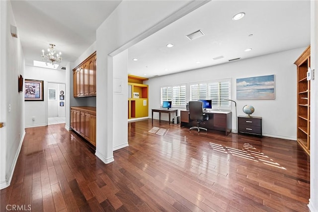 1036 Alpine Ct, Chino Hills, CA 91709 - office area with a chandelier, dark wood-style flooring, baseboards, and recessed lighting