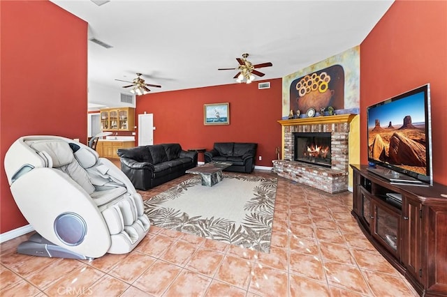 1036 Alpine Ct, Chino Hills, CA 91709 - living room featuring a ceiling fan, tile patterned flooring, a fireplace, and baseboards