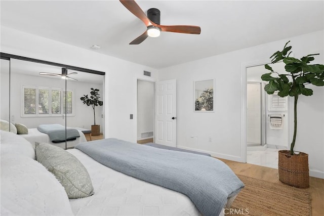 5839 Parkmor Rd, Calabasas, CA 91302 - bedroom featuring wood finished floors, a closet, a ceiling fan, baseboards, and ensuite bath