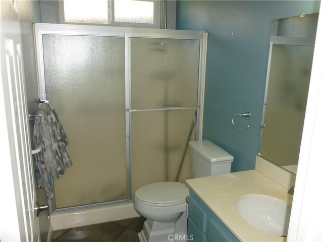 26223 Crestone Dr, Menifee, CA 92586 - full bathroom with a shower stall, toilet, vanity, and tile patterned flooring