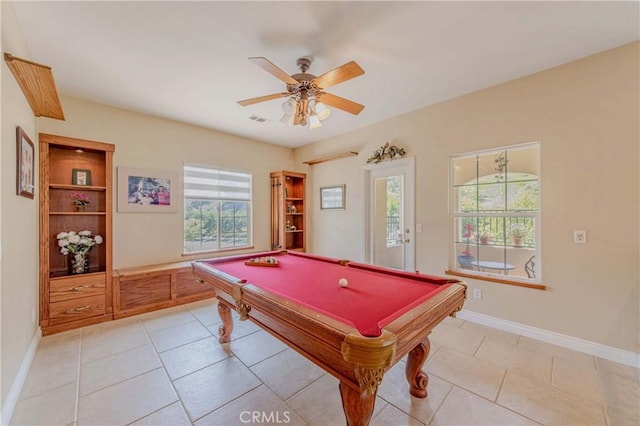 2101 S Sanders Ct, La Habra, CA 90631 - recreation room featuring billiards, a ceiling fan, baseboards, and light tile patterned floors