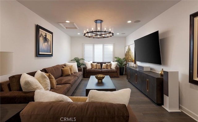 135 Via Artemesia, San Clemente, CA 92672 - living area with dark wood-type flooring, recessed lighting, a chandelier, and baseboards