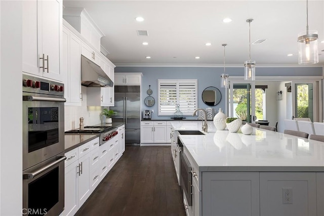 135 Via Artemesia, San Clemente, CA 92672 - kitchen featuring appliances with stainless steel finishes, under cabinet range hood, a large island, ornamental molding, and backsplash