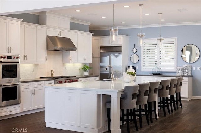 135 Via Artemesia, San Clemente, CA 92672 - kitchen with appliances with stainless steel finishes, under cabinet range hood, crown molding, tasteful backsplash, and white cabinetry