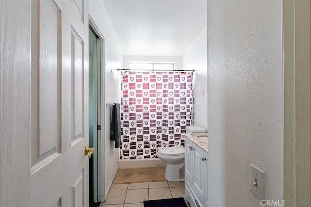 26218 Mccall Blvd, Menifee, CA 92586 - full bathroom featuring tile patterned floors, a shower with shower curtain, toilet, and vanity