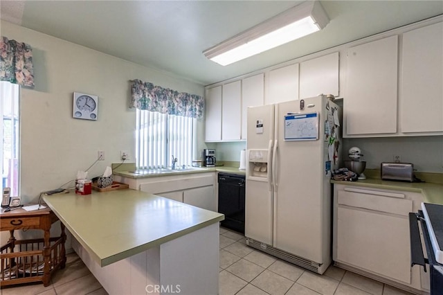 26218 Mccall Blvd, Menifee, CA 92586 - kitchen with white fridge with ice dispenser, a peninsula, dishwasher, light countertops, and white cabinetry