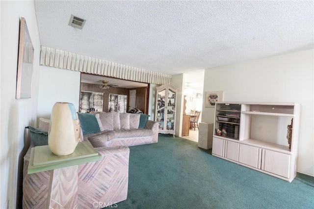 26218 Mccall Blvd, Menifee, CA 92586 - carpeted living area featuring a textured ceiling and ceiling fan