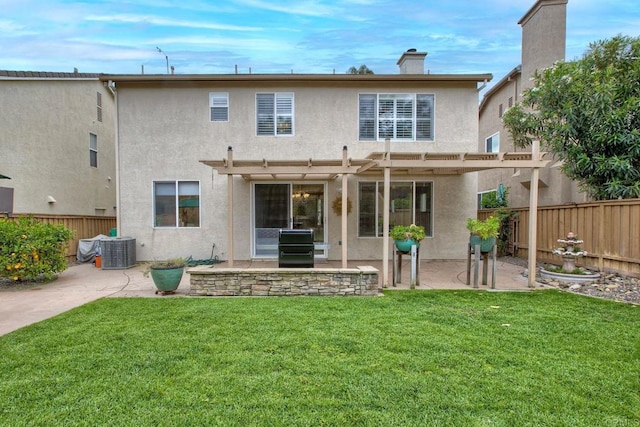 11590 Trailbrook Ln, San Diego, CA 92128 - rear view of house with a pergola, a patio, stucco siding, central AC unit, and a chimney
