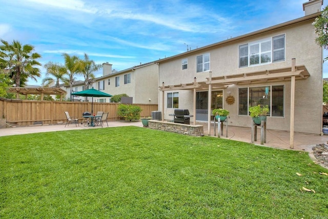 11590 Trailbrook Ln, San Diego, CA 92128 - rear view of property with a pergola, stucco siding, a patio, cooling unit, and a chimney