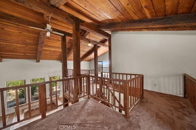 879 Stewart Canyon Rd, Fallbrook, CA 92028 - hall with wood ceiling, carpet flooring, and an upstairs landing