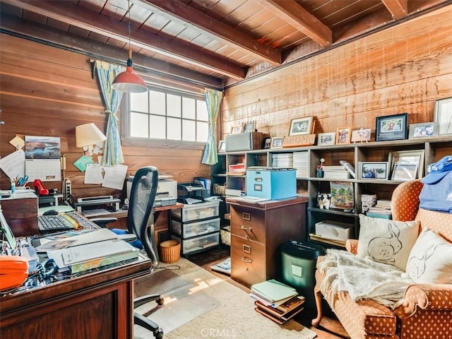 6570 Moonstone Beach Dr, Cambria, CA 93428 - home office featuring wooden ceiling, wooden walls, and beamed ceiling