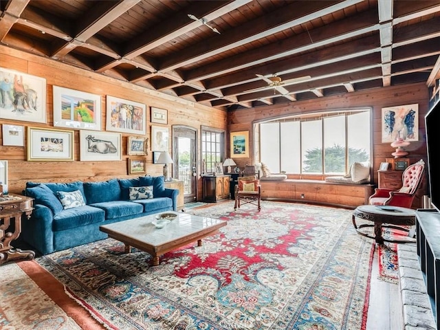 6570 Moonstone Beach Dr, Cambria, CA 93428 - living room with wood walls, wood ceiling, beam ceiling, and wood finished floors