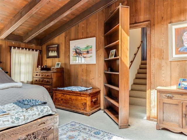6570 Moonstone Beach Dr, Cambria, CA 93428 - carpeted bedroom with wooden walls and wooden ceiling
