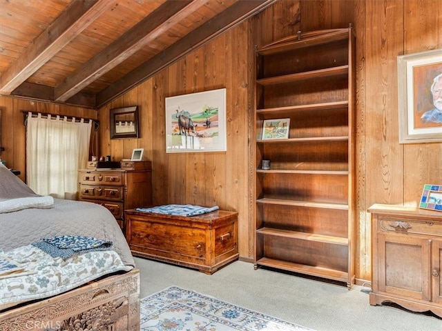 6570 Moonstone Beach Dr, Cambria, CA 93428 - carpeted bedroom with wooden walls and wood ceiling