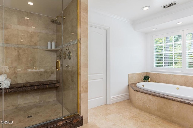 15450 Briarwood Dr, Sherman Oaks, CA 91403 - full bathroom with ornamental molding, a stall shower, a bath, recessed lighting, and tile patterned flooring