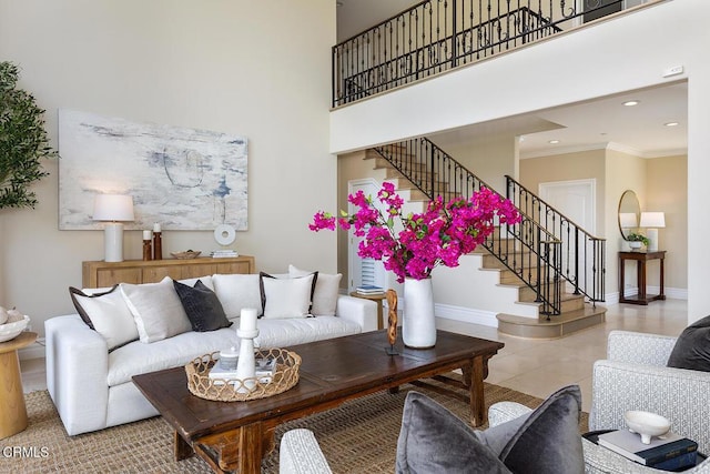 15450 Briarwood Dr, Sherman Oaks, CA 91403 - living area featuring stairway, ornamental molding, baseboards, tile patterned flooring, and a high ceiling